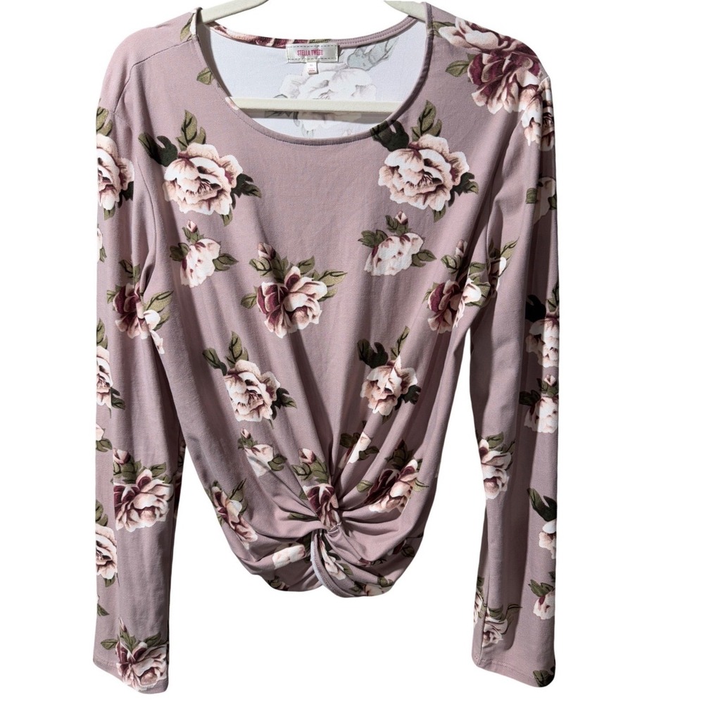 Stella Tweed Womens XL Mauve Floral Twist Front Long Sleeve Crew Neck Top Boho